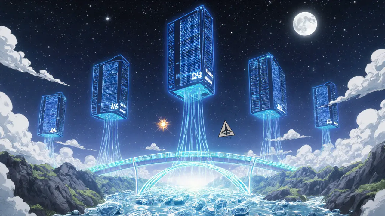 Neon data streams and Arbitrum bridge illustrating Hyperliquid's high‑speed blockchain.
