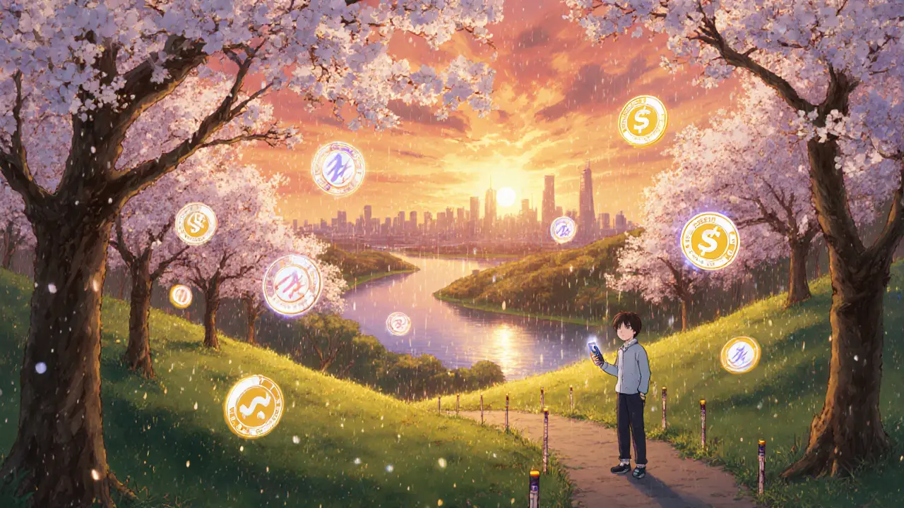 Sunset hill with falling token symbols, cherry blossoms, and a user on a path toward a bright future.