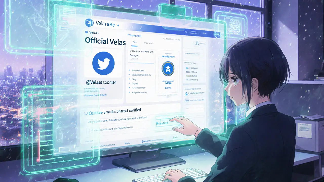 Teen verifying Velas announcement on holographic screens with website, Twitter, and block explorer.