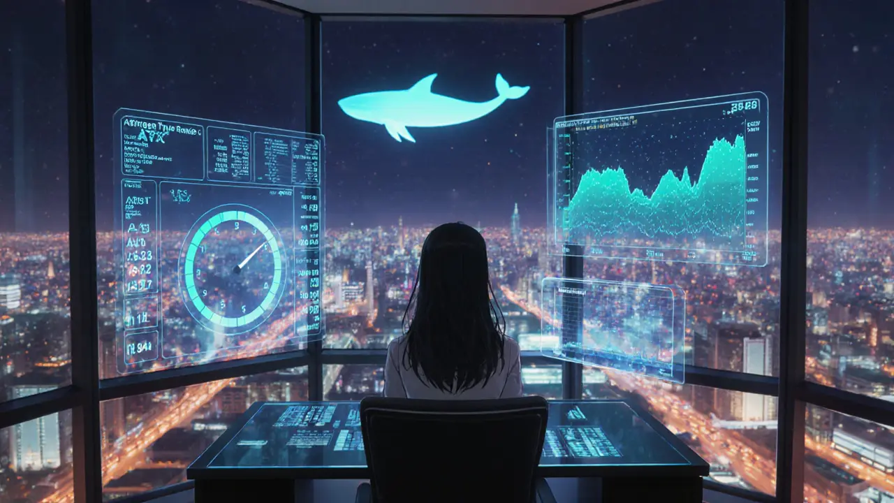 Trader surrounded by holographic volatility tools and a glowing whale icon in a glass office.