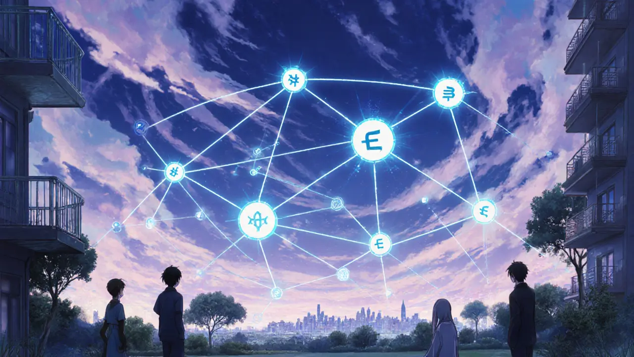 Twilight sky with glowing ledger network connecting continents, hinting at CBDC future.
