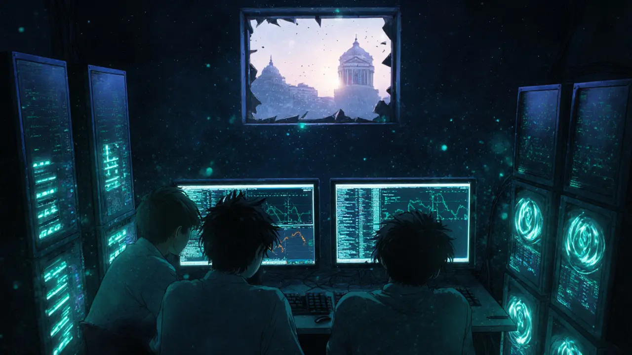 Underground crypto miners operating hidden rigs in a dim Himalayan basement.