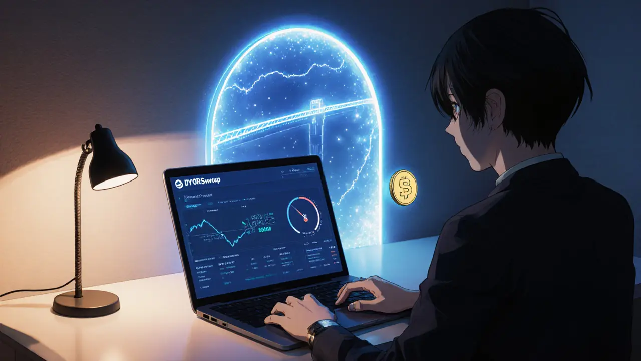User at desk with laptop, bridge portal and floating S‑token, showing 2% slippage warning.