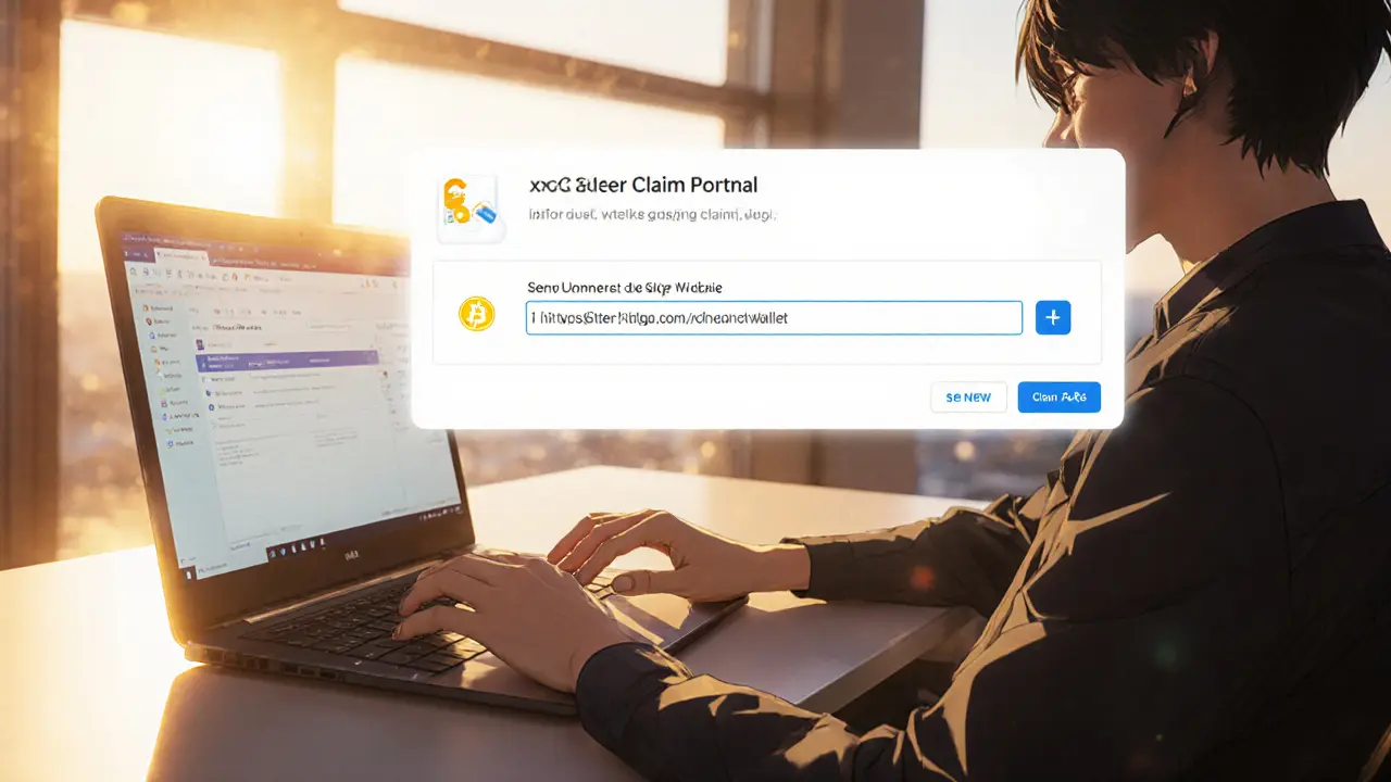 User connecting a wallet on a laptop with a floating claim portal UI and BNB fee indicator at sunrise.