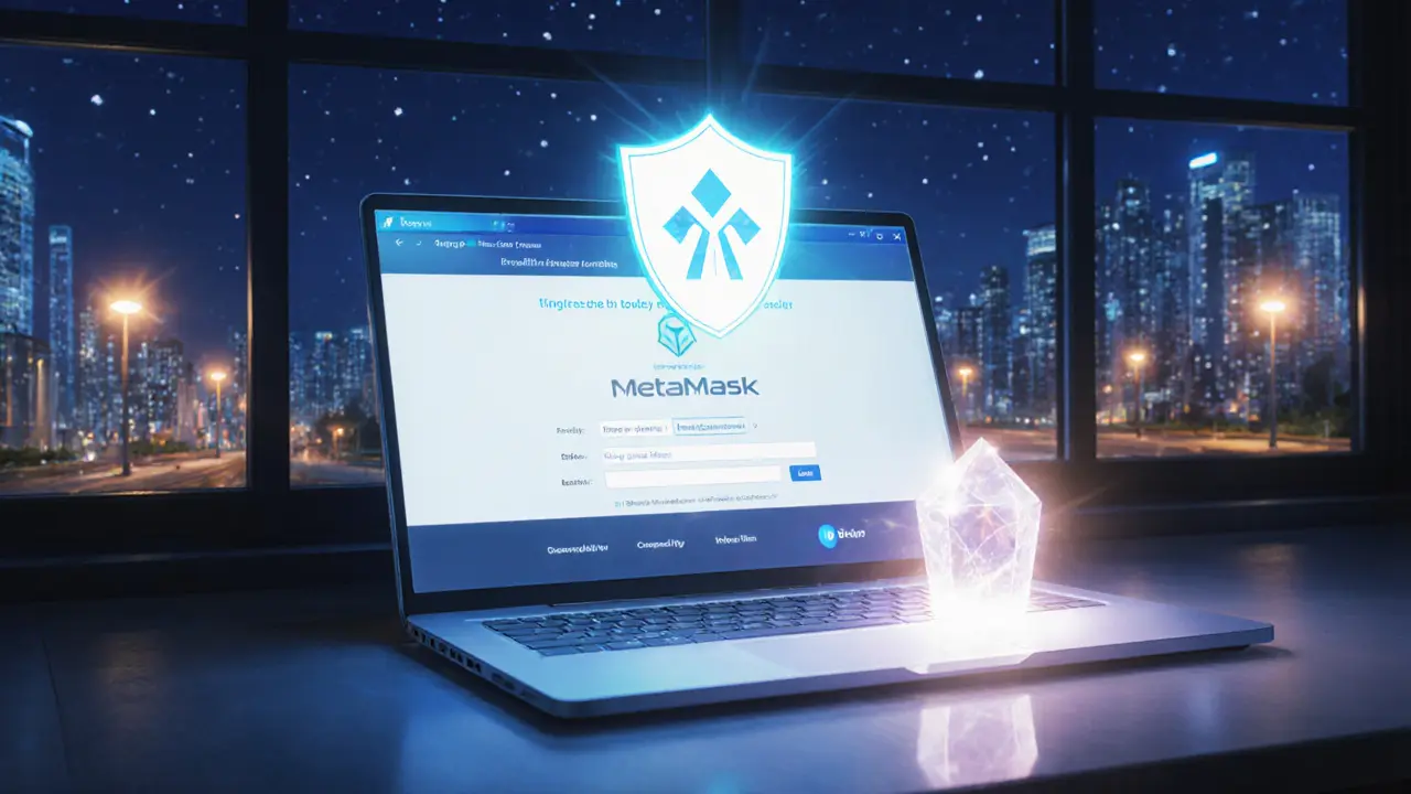 User safely claiming a GRAND token on a laptop at night, shield icon glowing beside it.