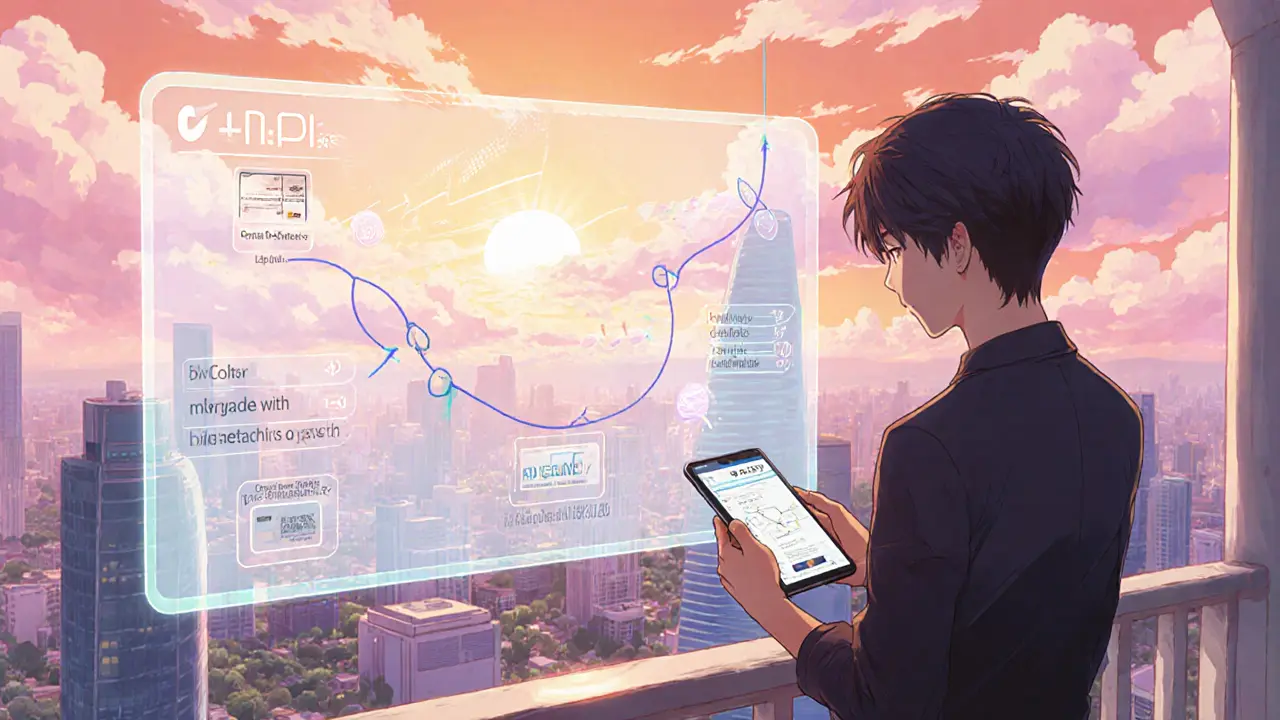 User viewing holographic roadmap of Ripio's future under a sunrise over a futuristic city.
