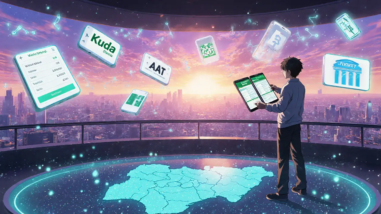 Young user on a balcony with multiple phones showing crypto transactions under a sunrise sky.