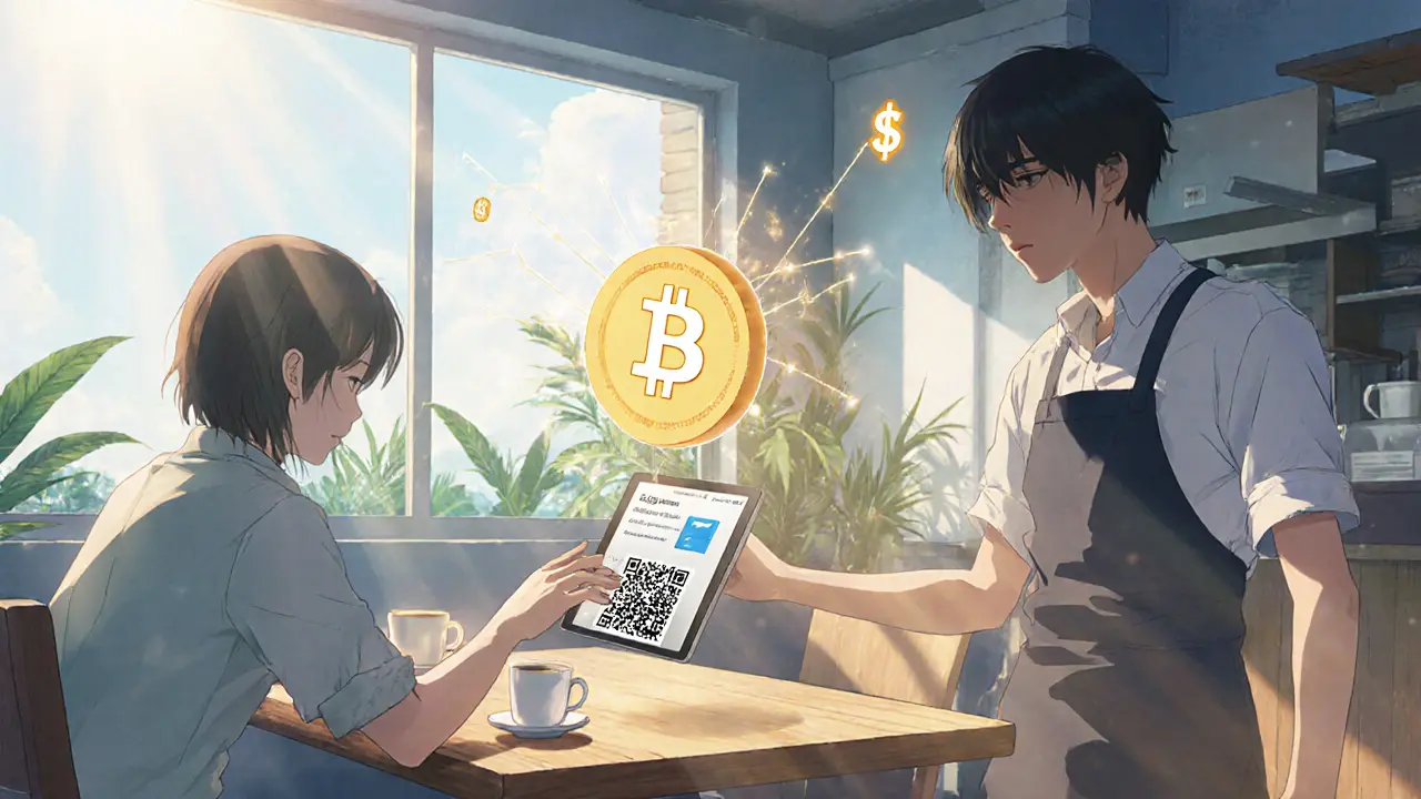 Coffee shop scene where a customer uses a digital wallet to pay with Bitcoin.