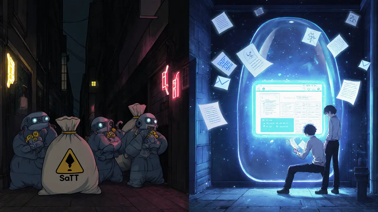 Contrast of dark alley with scam bots and bright safe wallet aura, emphasizing airdrop security.