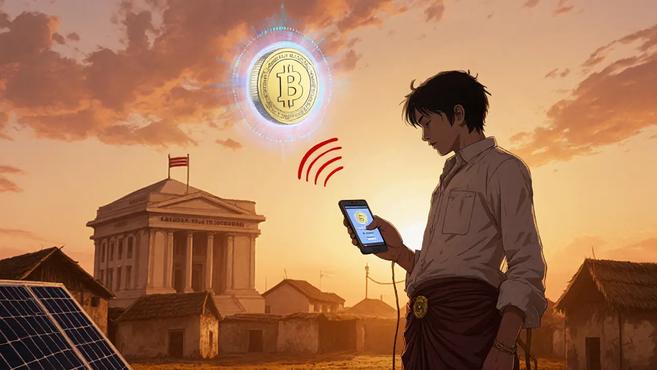 Farmer in a village using a DeFi lending app beside a holographic stablecoin under a sunrise.