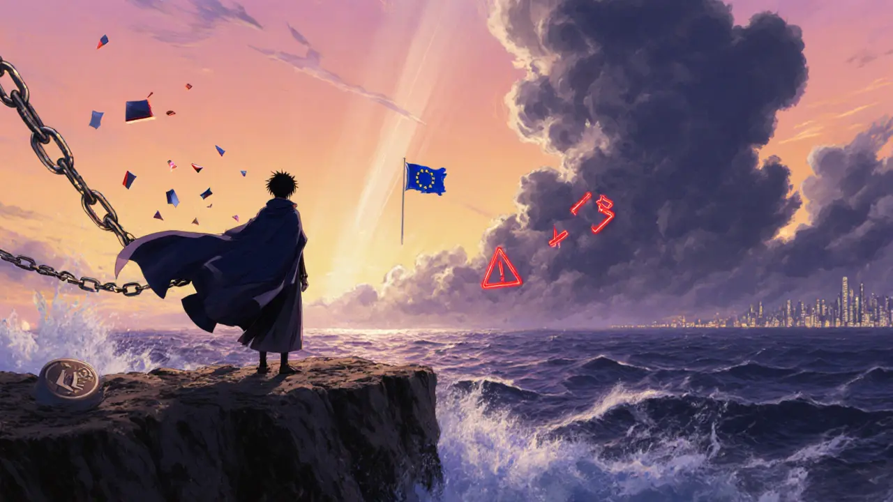 Figure on a cliff at sunset with broken token chain, stormy sea, EU flag clouds, and red warning signs.