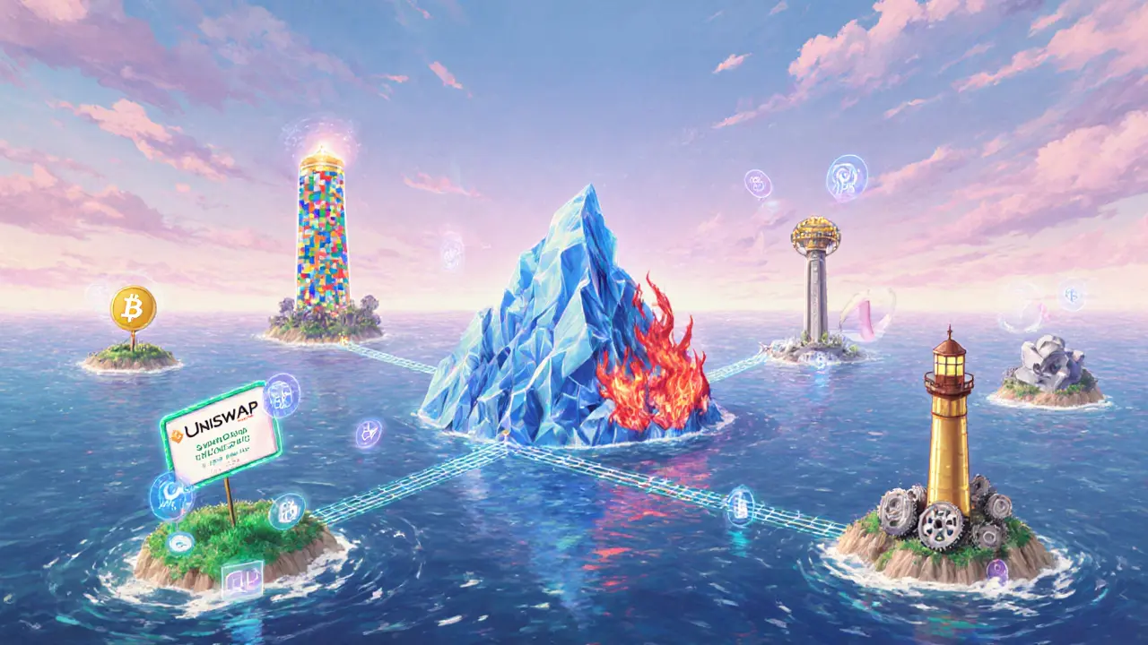 Floating islands representing DeFi platforms connected by glowing bridges over a digital ocean.