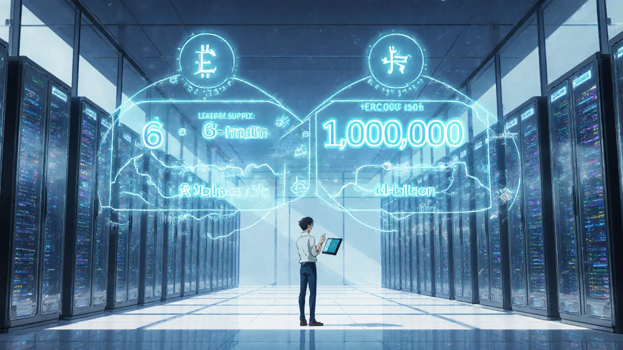 Glass‑walled blockchain hub showing ERC‑20 icons, conflicting supply numbers, and thin liquidity graphs.
