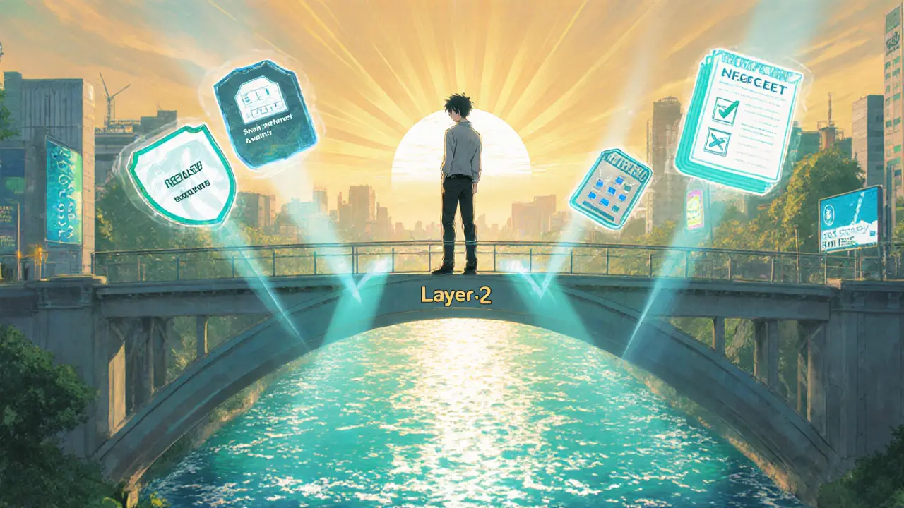 Investor crossing a bright Layer‑2 bridge at sunrise with risk‑management icons.
