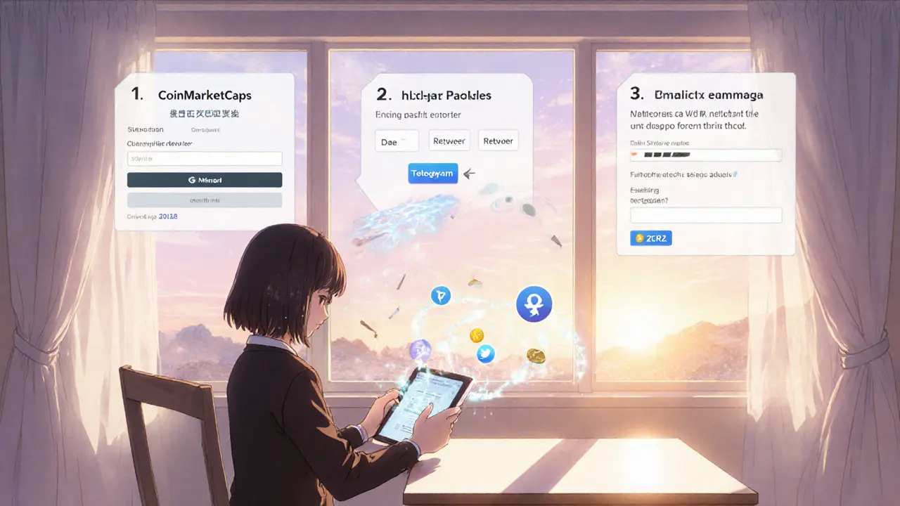 Person follows three airdrop steps: sign up, complete tasks, enter wallet address, shown in sunrise-lit room.