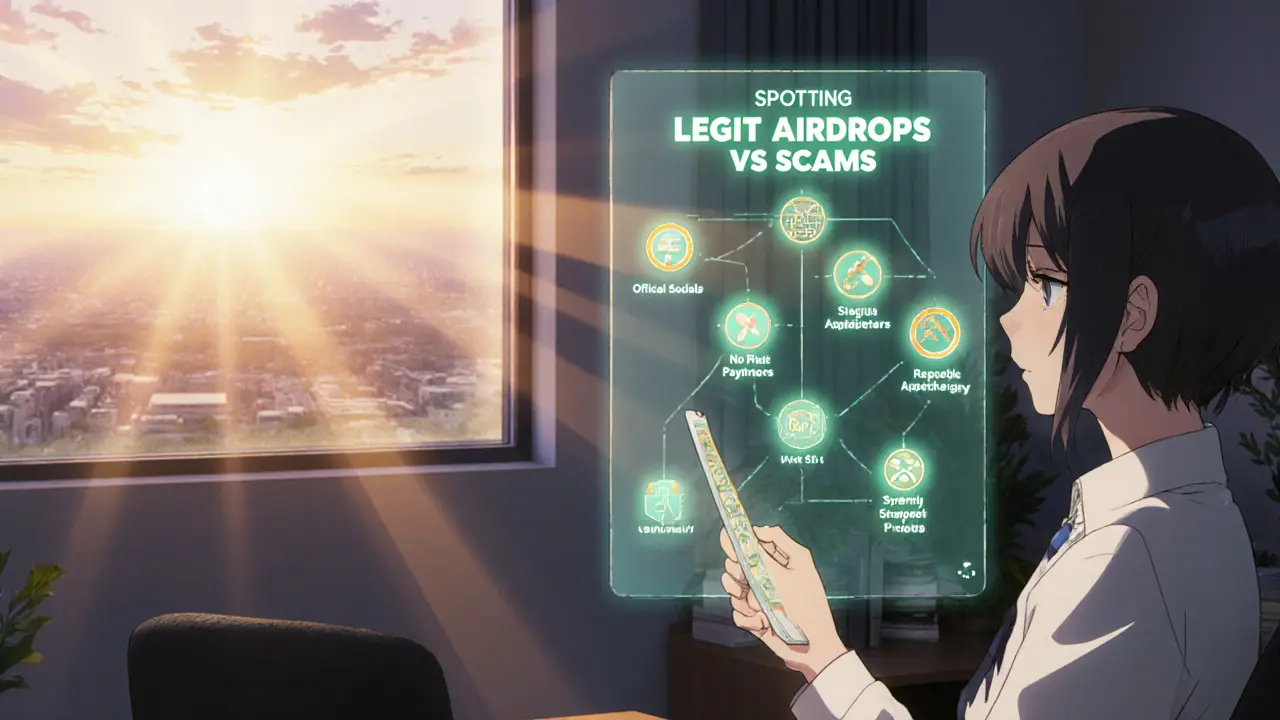 Person reviewing a holographic checklist on legit airdrops with sunrise backdrop.