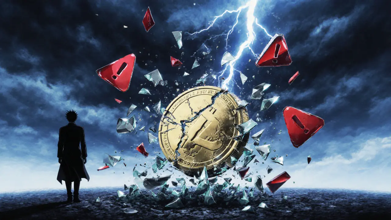 Shattered coin fragments falling into darkness with red warning symbols.