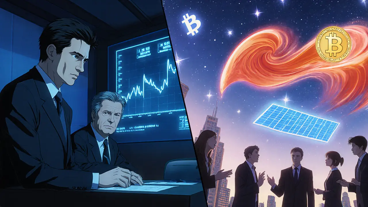Split scene showing concerned IMF officials on one side and scholars debating Bitcoin volatility on the other.