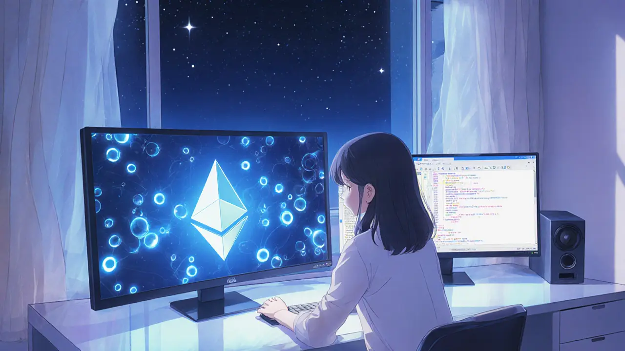 Teen girl at a desk using computers to view Ethereum, Layer‑2 scaling, and MetaMask interfaces.