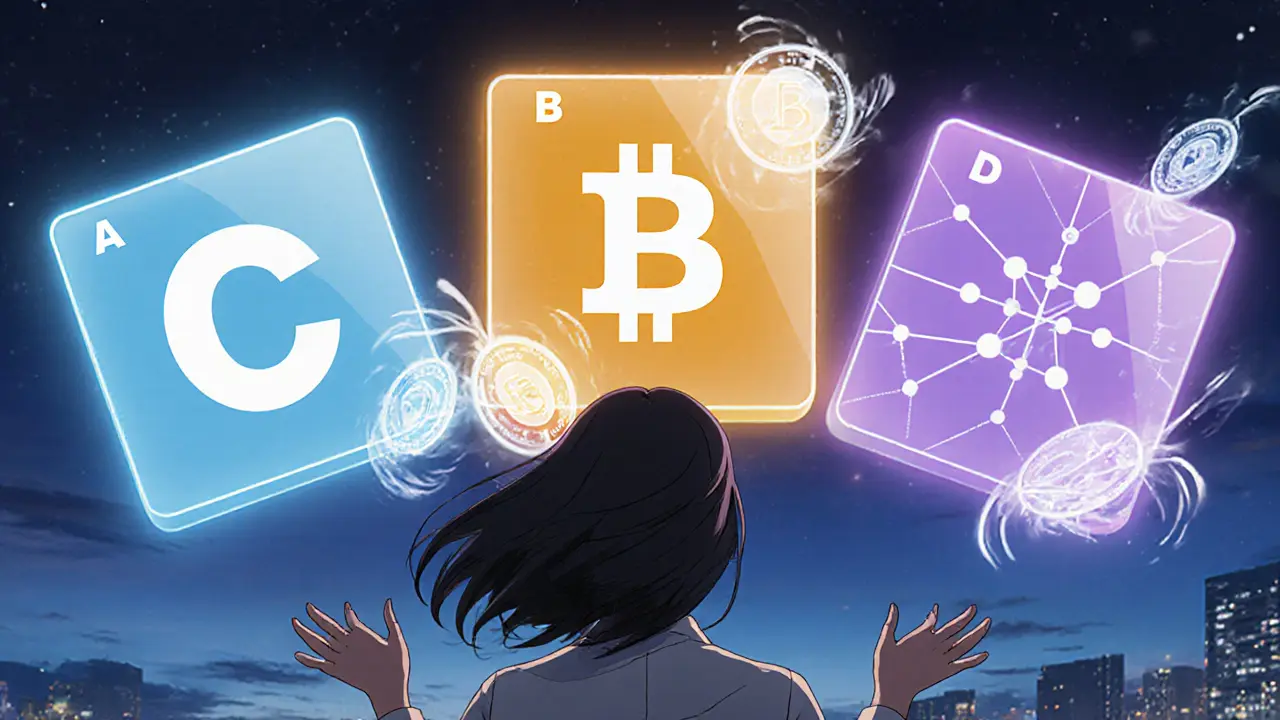 Three illuminated panels representing Box A, B, C with exchange symbols.