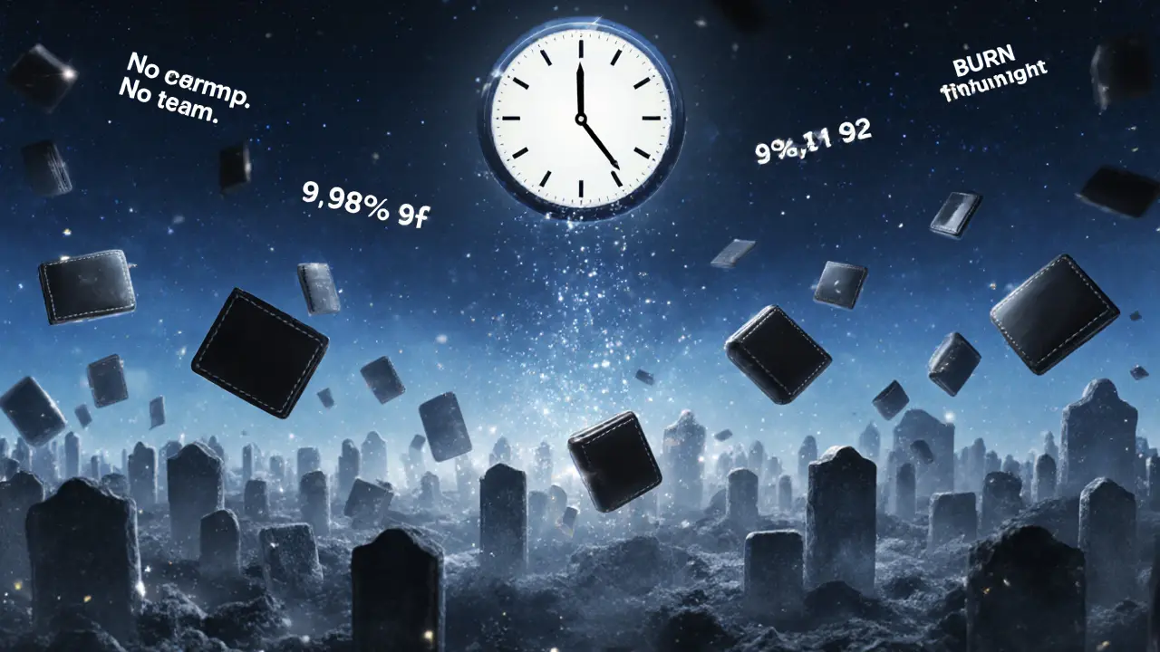 A graveyard of dimming crypto wallets, ten bright ones hoarding most tokens, as ash falls under a fading clock.