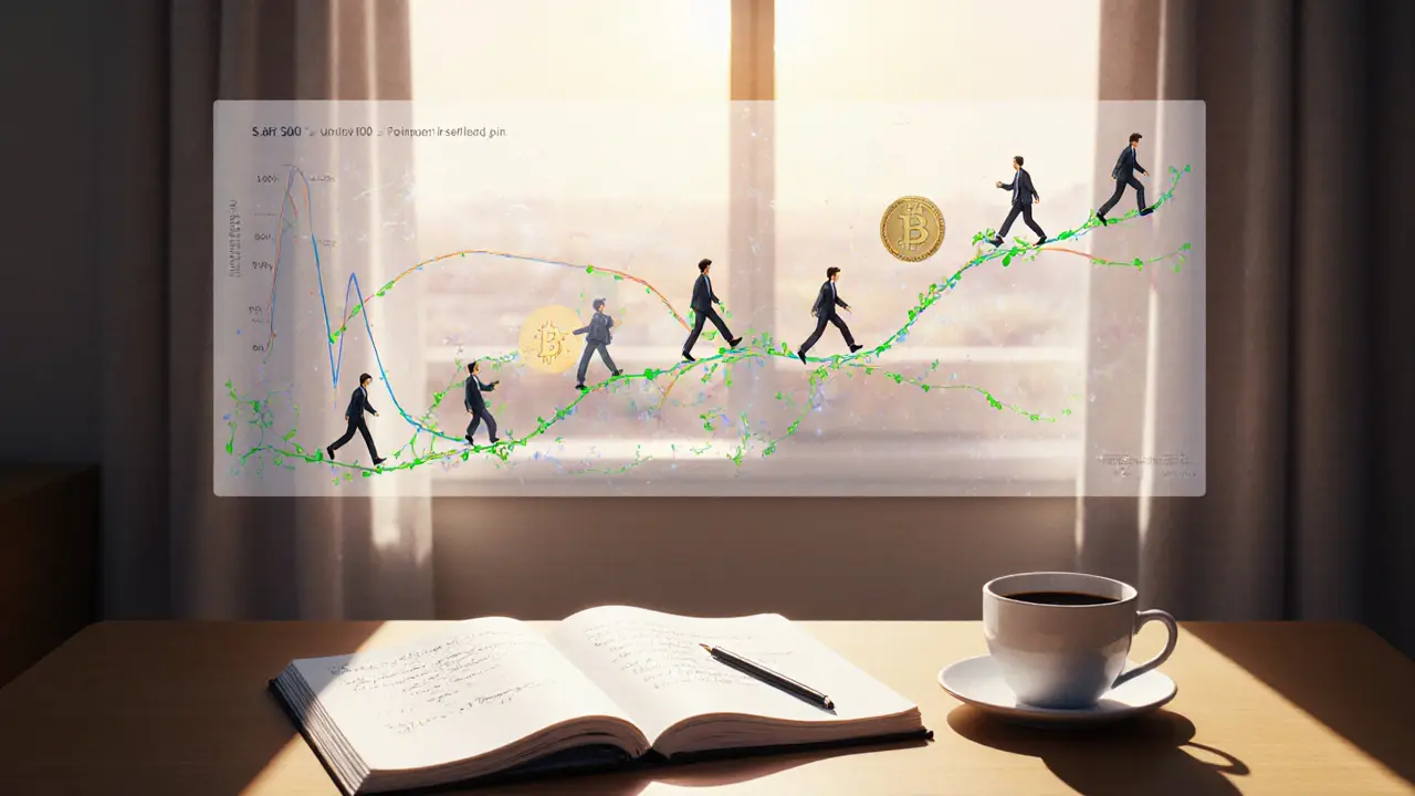 A quiet bedroom at dawn with equations and crypto charts glowing above a desk, tiny figures walking steady paths through market ups and downs.