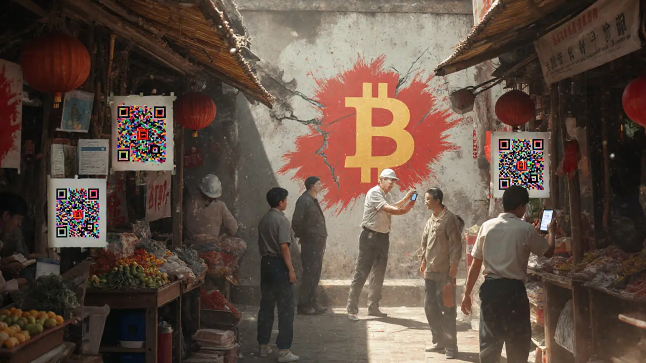 A street market in Guangzhou using digital yuan QR codes while a Bitcoin mural is being painted over.