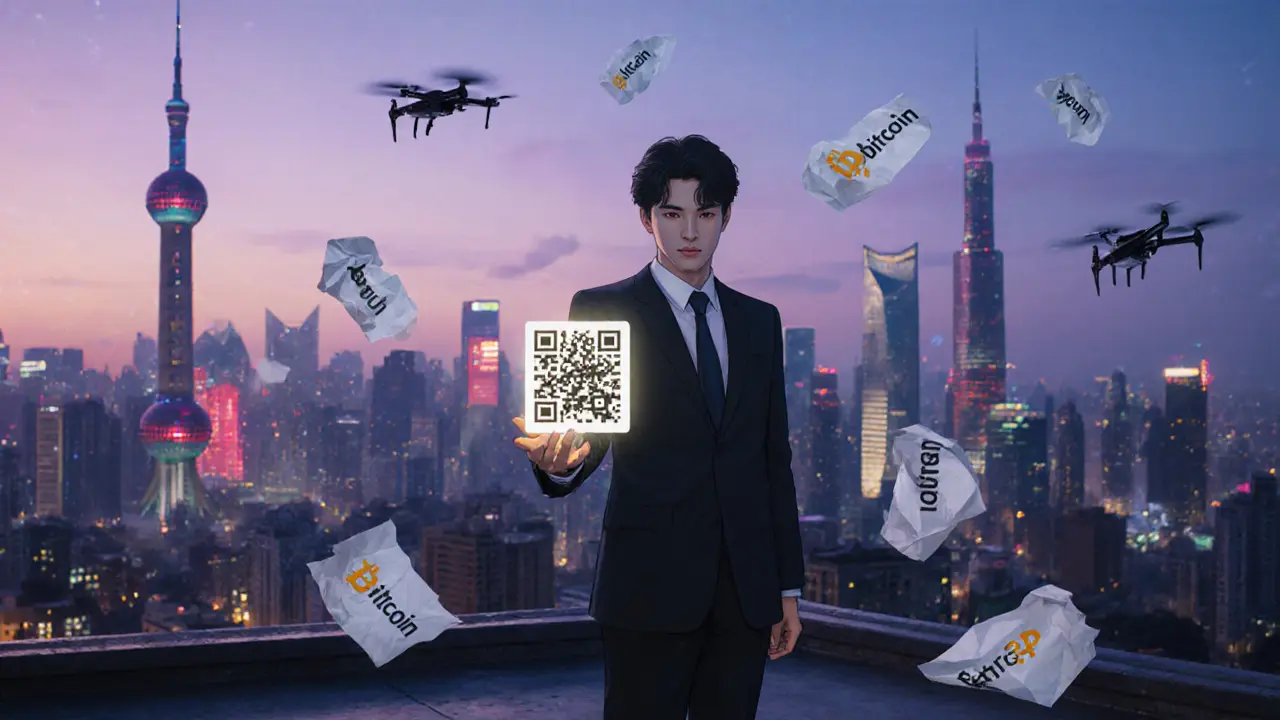 An executive on a Shanghai rooftop letting crypto papers blow away as they hold the digital yuan.
