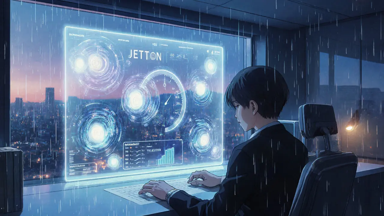Analyst views holographic data streams of JetTon token on a futuristic desk.