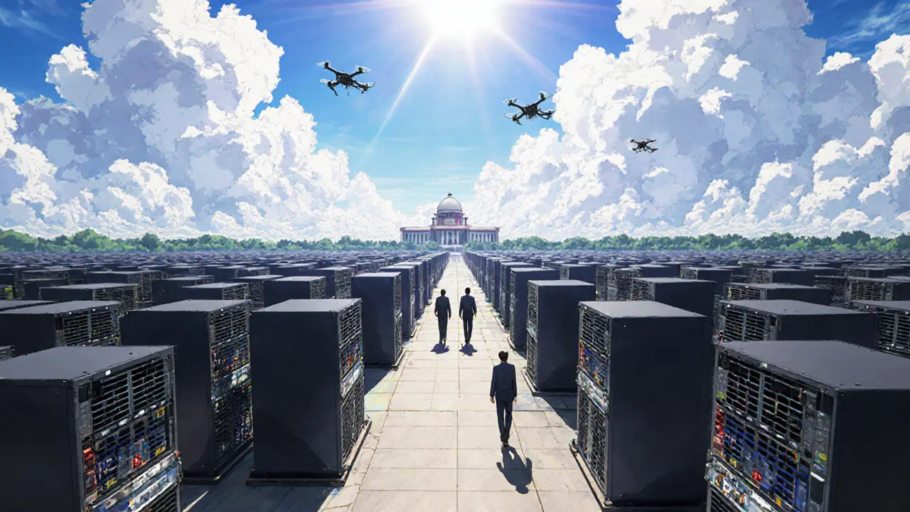 Anime view of a large crypto mining farm in Hyderabad under watchful regulators.