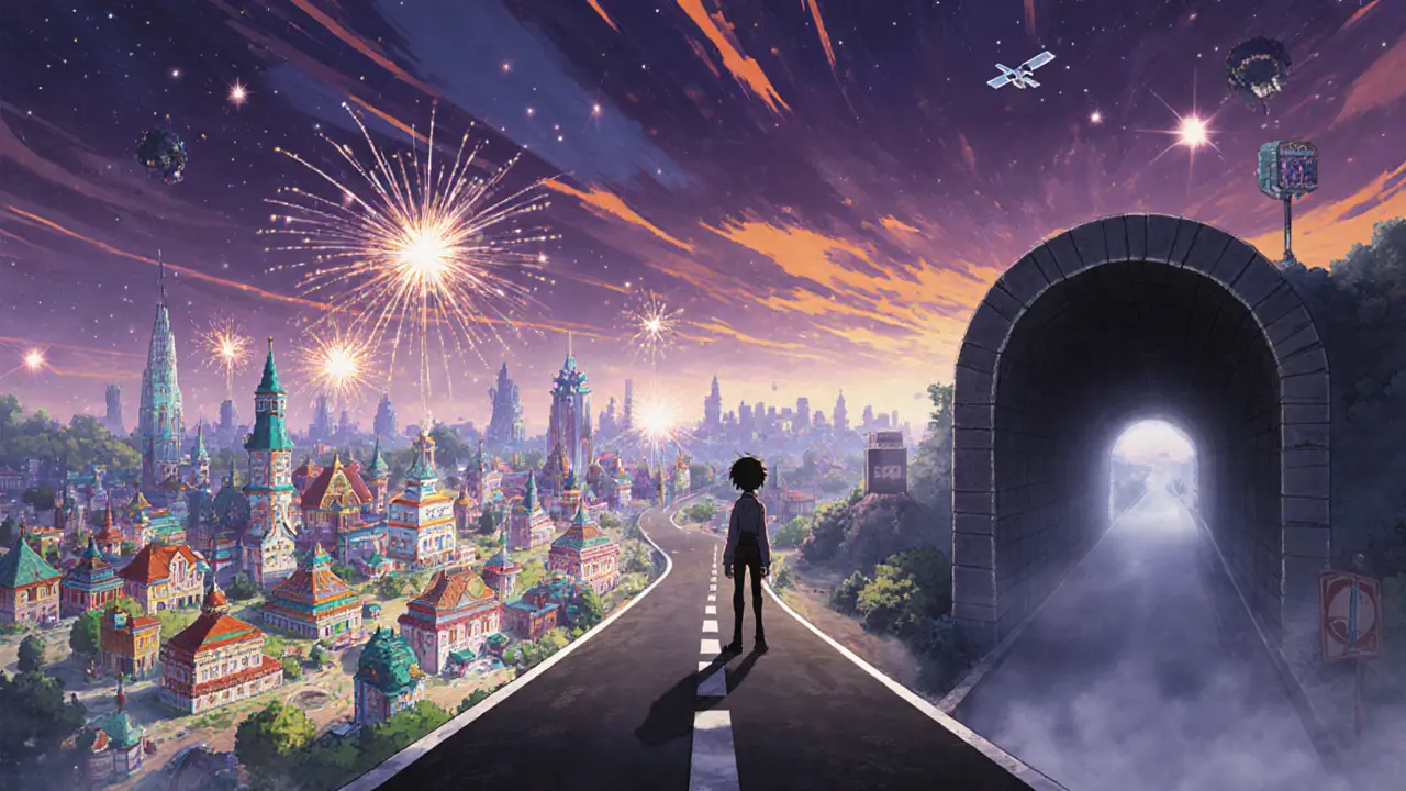 Avatar at a twilight crossroads choosing between vibrant game world and misty tunnel.