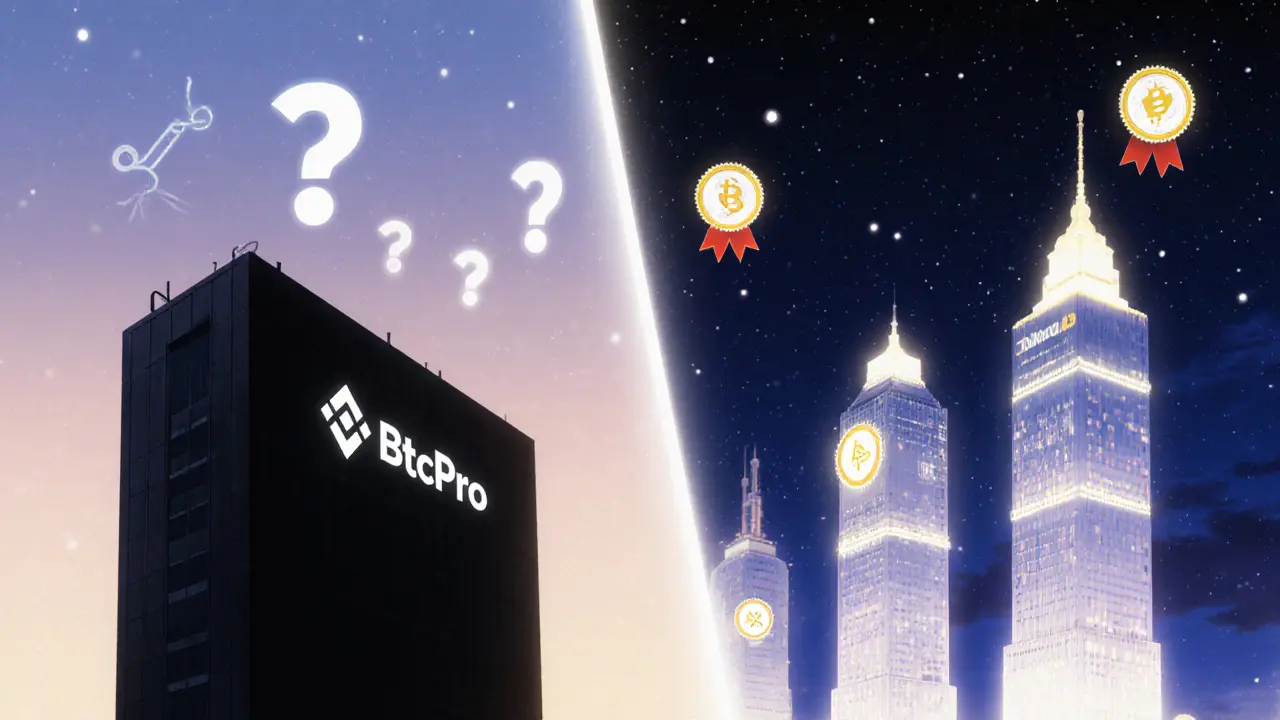 Contrast scene showing BtcPro without protection versus secure exchanges with shields.