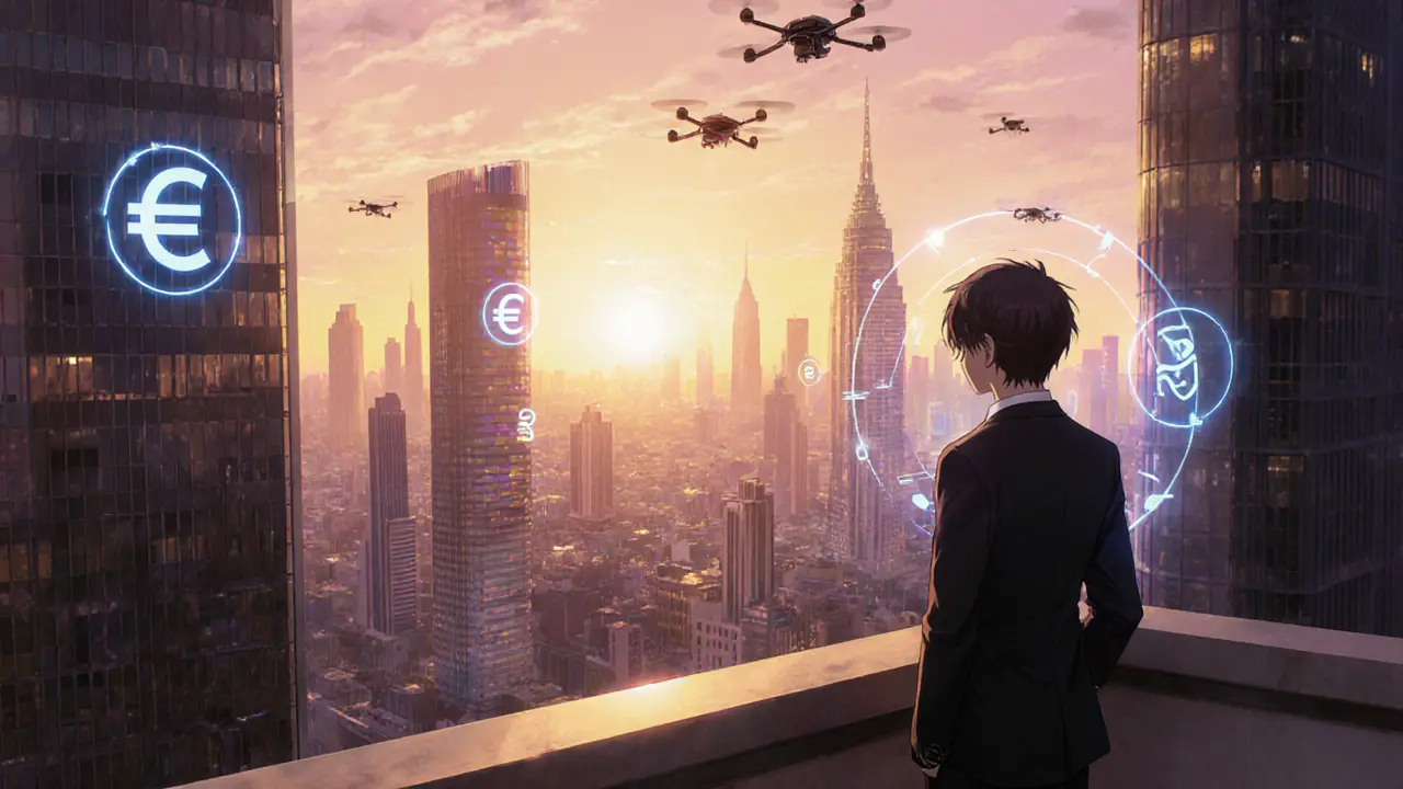 Founder overlooking a sunrise cityscape representing a compliant crypto future.