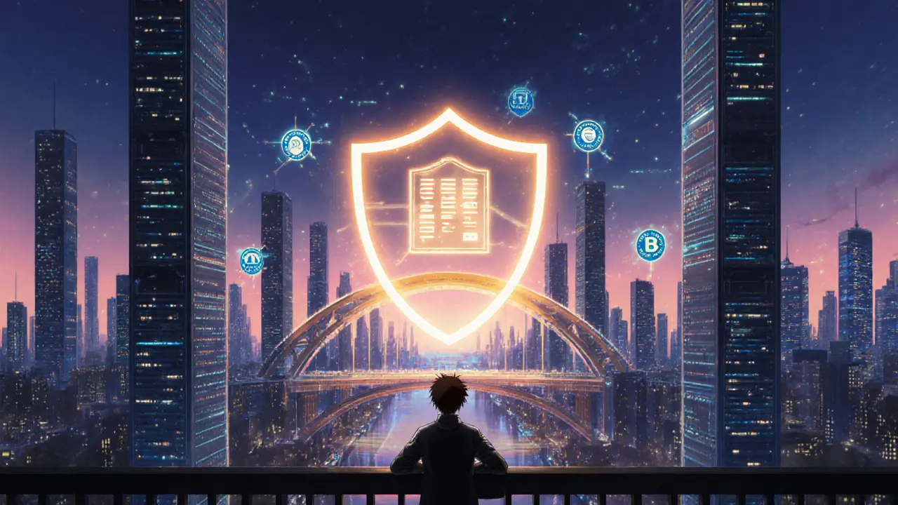 Futuristic city at dusk with a glowing shield over a bridge, representing a completed audit.