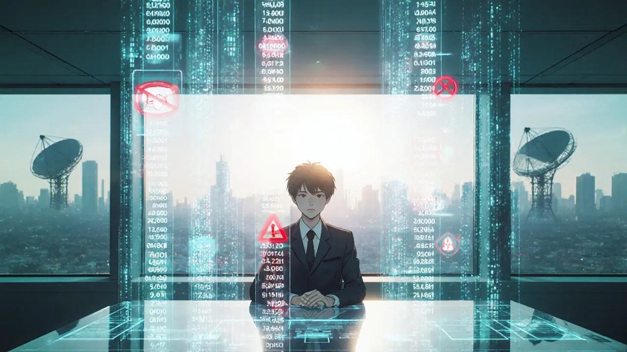 Futuristic compliance office with holographic data highlighting blacklisted countries.