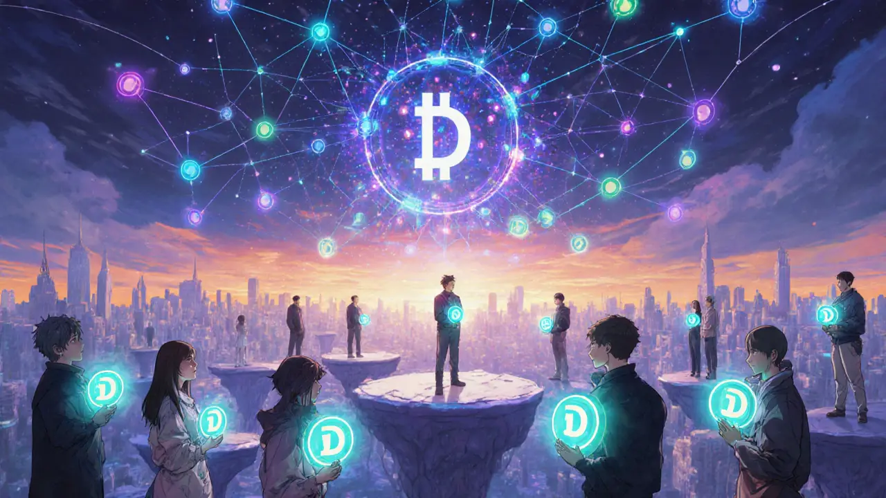 Futuristic metaverse with diverse gamers holding glowing D tokens under an AI quest network.