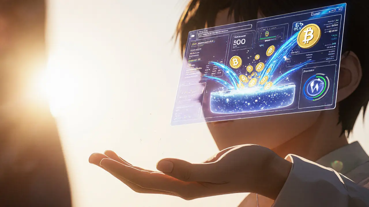 Hand places tokens into glowing DeFi pool, releasing sparkling BSW particles.