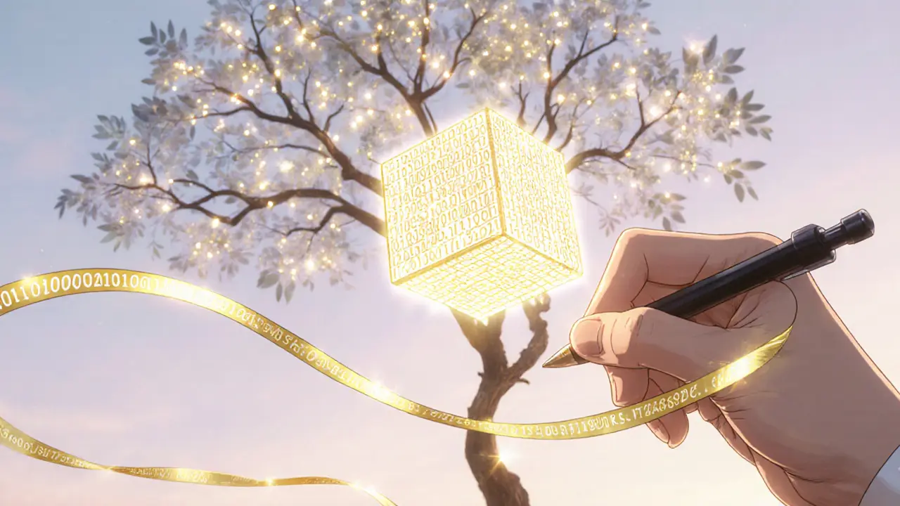 Hand signing a transaction with a glowing digital signature, surrounded by a luminous SHA‑256 cube and Merkle tree.