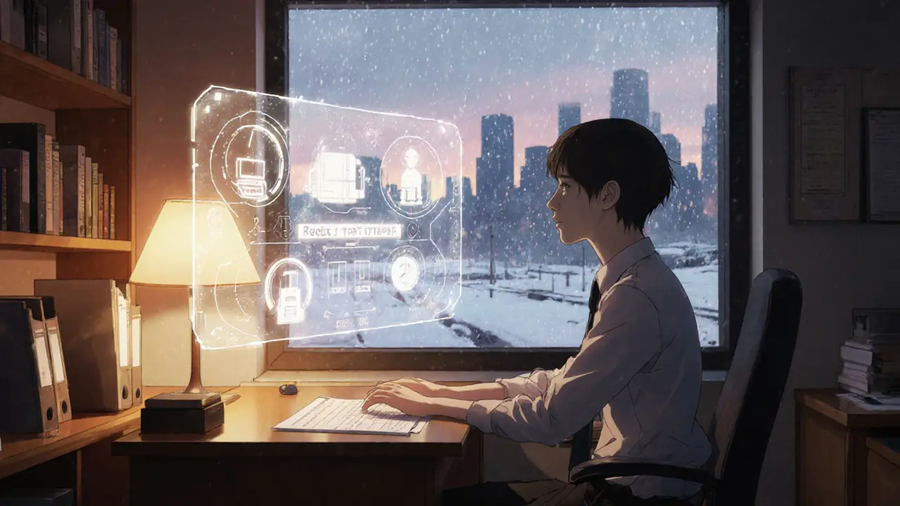 Miner reviewing holographic registration data in a cozy office.