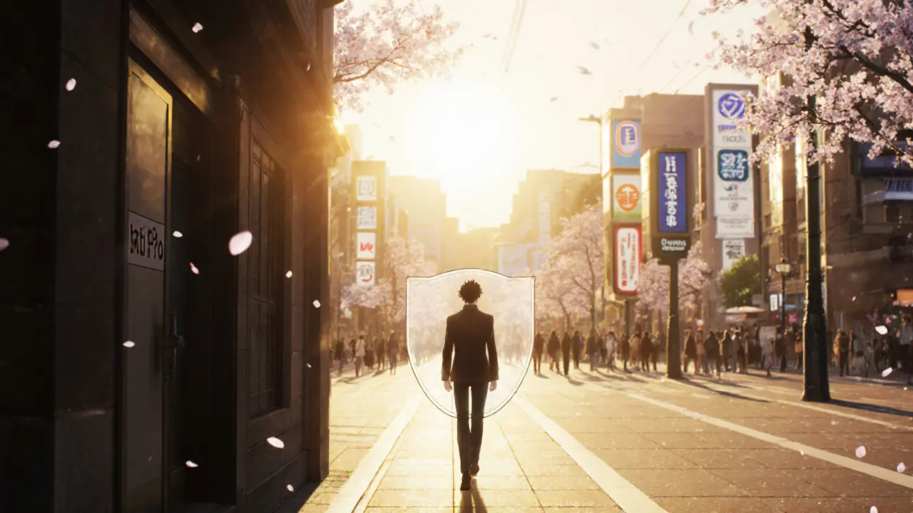 Person leaving a dark doorway, walking toward bright plaza with a protective aura.