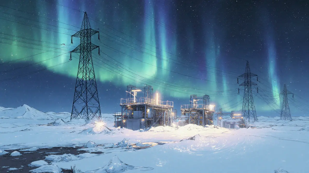 Snowy Siberian mining site under aurora borealis with power lines.