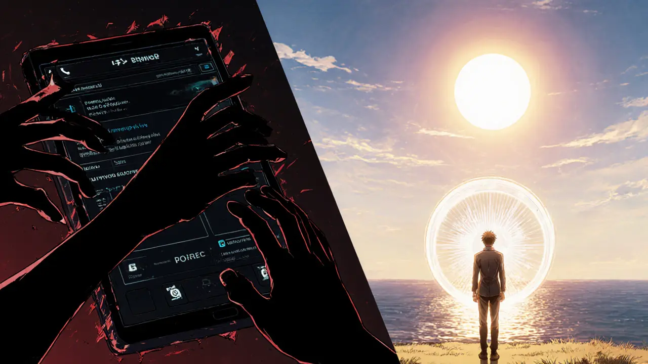 Split scene of dark scam DApp versus bright safe Biswap portal with shield.