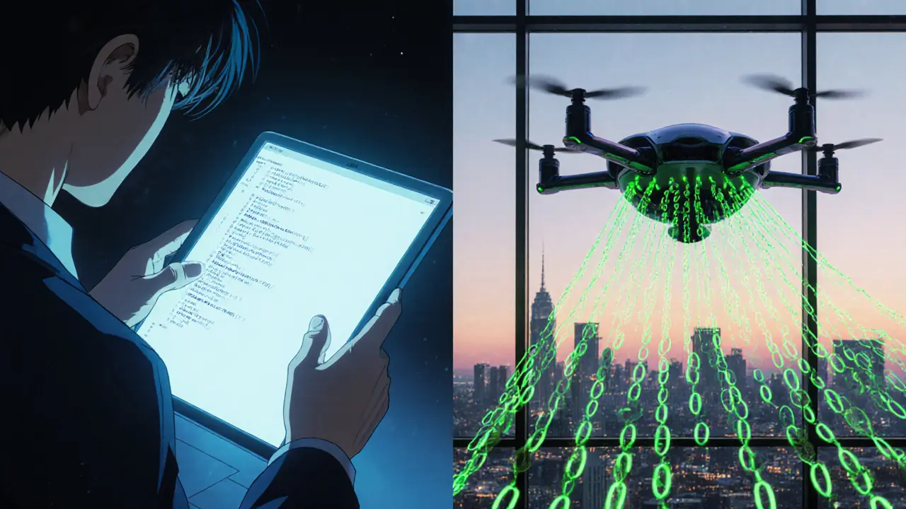 Split scene of manual code review and automated scanner detecting contract vulnerabilities.