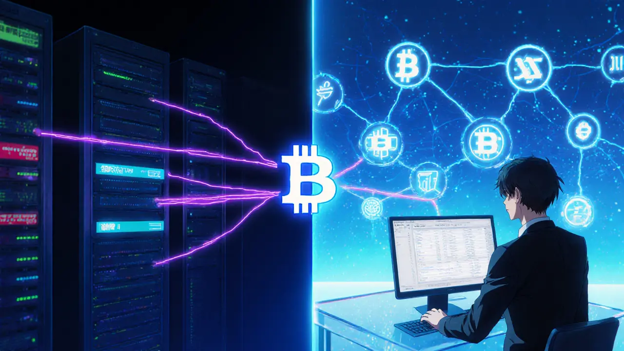 Split view of crypto exchange data flowing to multiple FIU nodes via middleware.