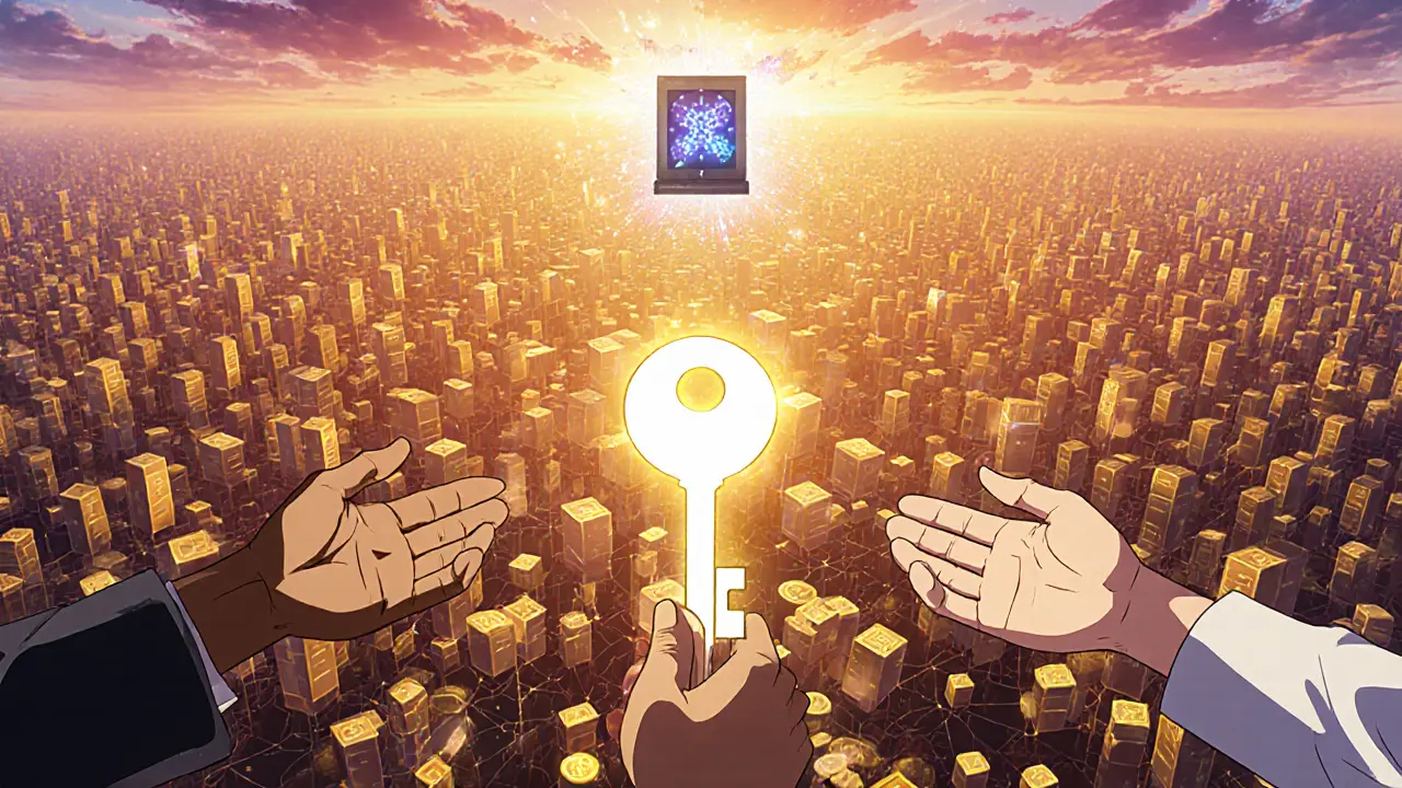 Sunrise over blockchain blocks with three hands holding keys forming a multi‑signature beacon, hinting at quantum threats.
