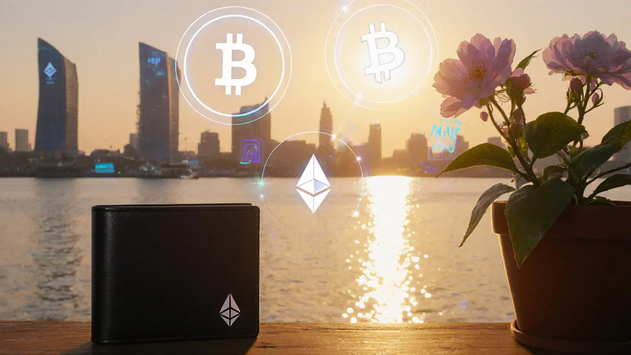 Sunrise over Lagos with hardware wallet and floating crypto symbols, suggesting a hopeful future.