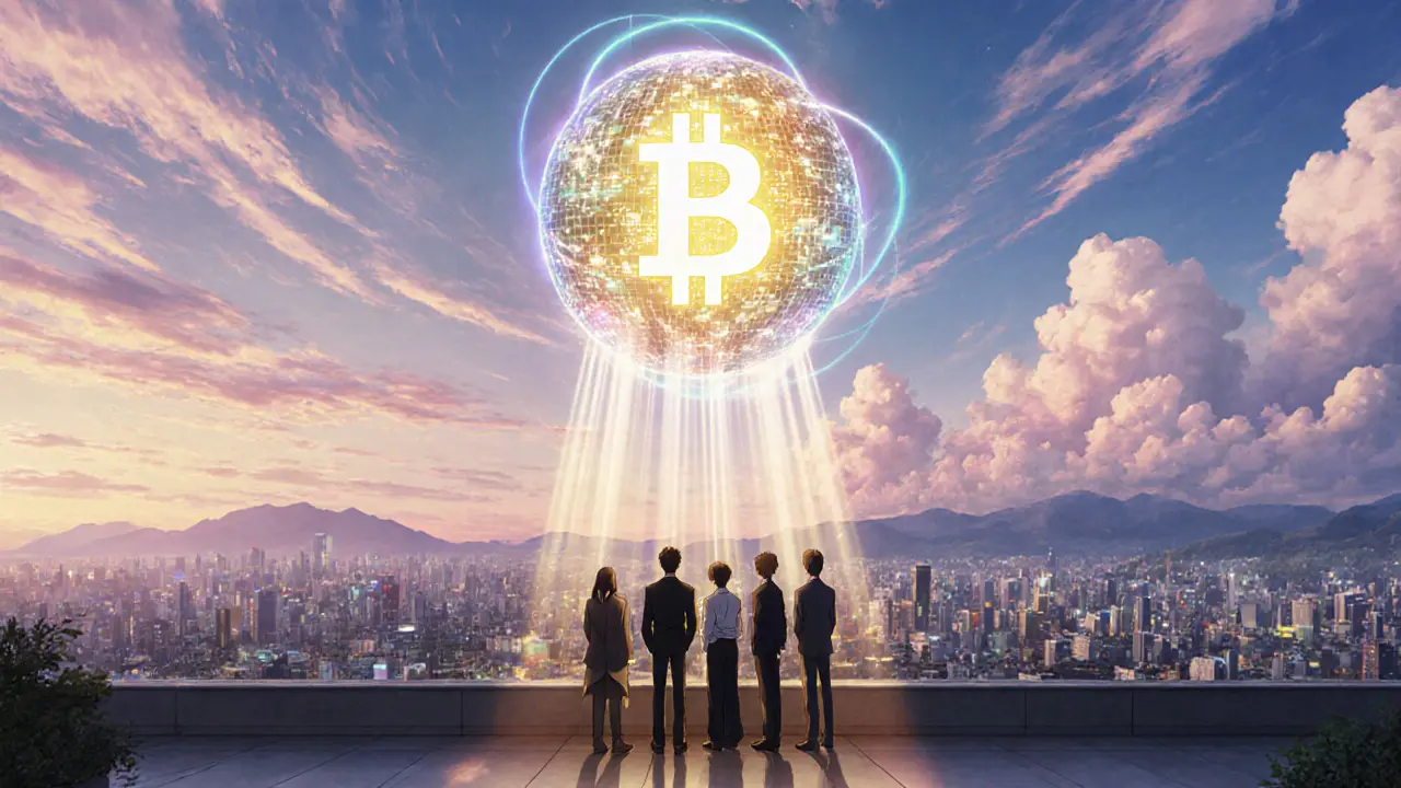 Sunset cityscape with a glowing blockchain sphere watched by regulators.