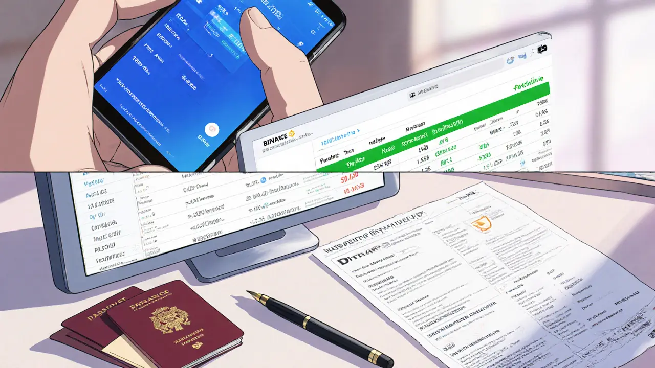 Three-panel scene: wallet app, Binance P2P screen, and KYC documents on a desk.