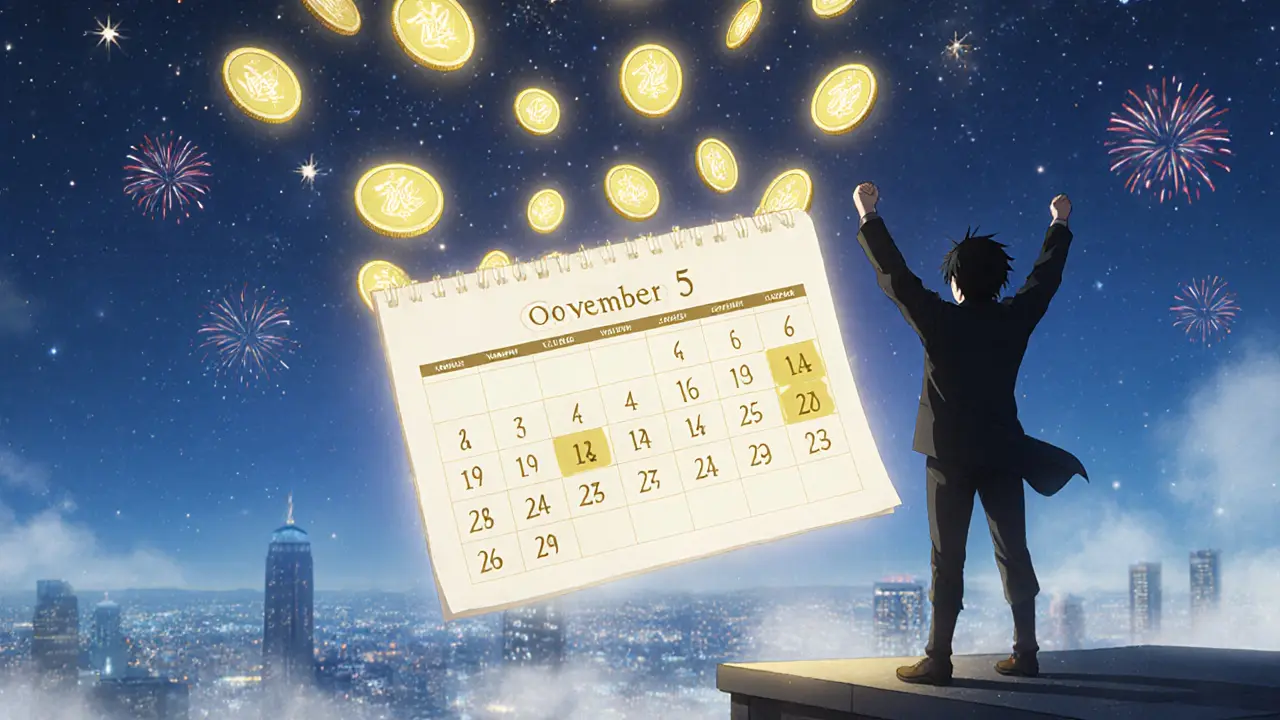 Tokens rain down on protagonist on rooftop under starry night.