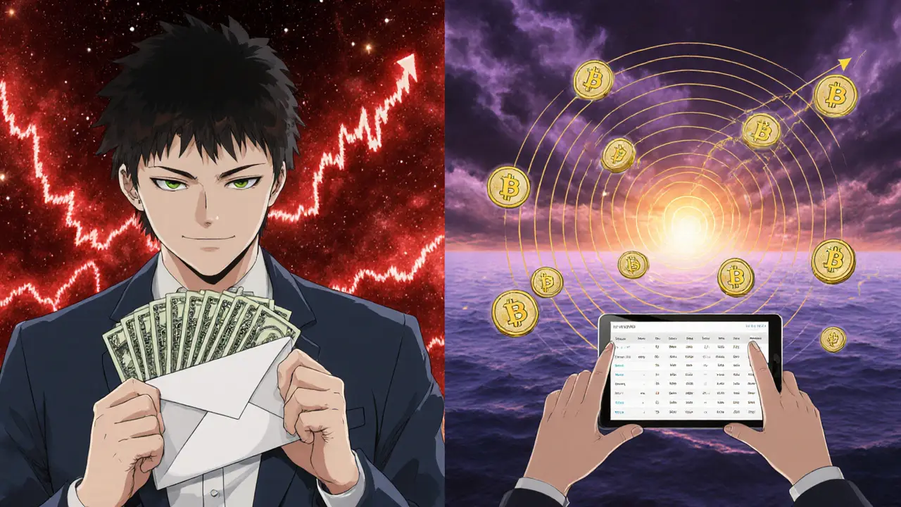 Two versions of a person: one stressed by a crashing market chart, another calm as monthly crypto purchases form a rising spiral.